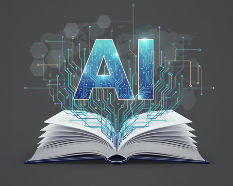 A book falling open reveals the letters "AI" and networked circuits between the pages.