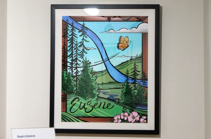 illustration with trees, river, butterfly and the work Eugene