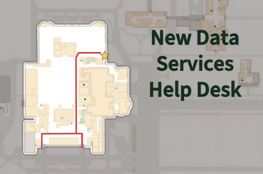 Map showing directions to New Data Services Help Desk: enter at front walk to near back of building and turn right to south west wall