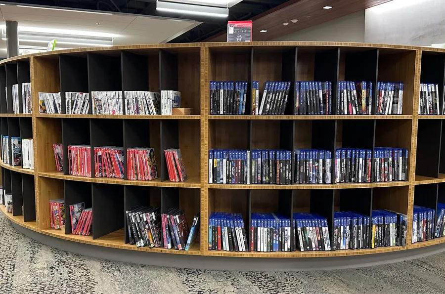 video games on library shelving