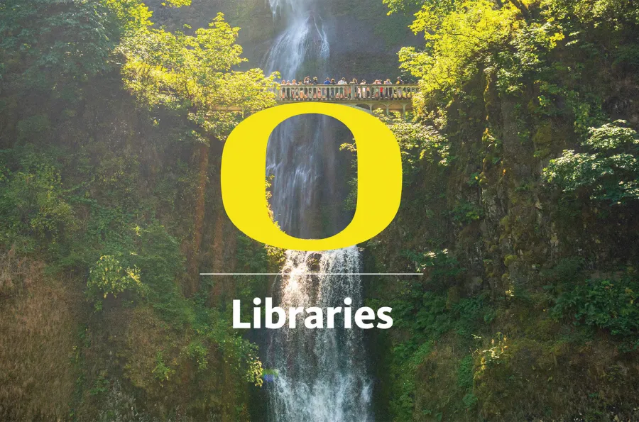 sunlit waterfall with library logo overlaid