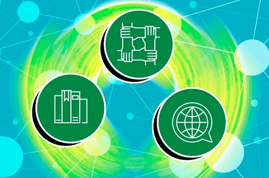 Illustration shows 3 circular icons depicting books, a globe, and a four hands grasping each others&#039; wrists to make a square shape.