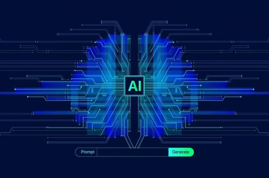 Icon representing an AI Neural Network with an AI prompt field below it.