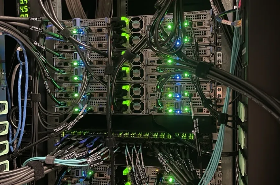 Close-up of interconnects inside Talapas, the University of Oregon's supercomputer.