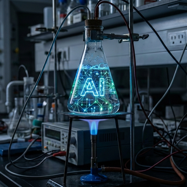 Science lab tabletop with an Ehrlenmeyer flask sitting on top of a bunsen burner. Inside the flask are the letters "AI" and circuit network patterns.