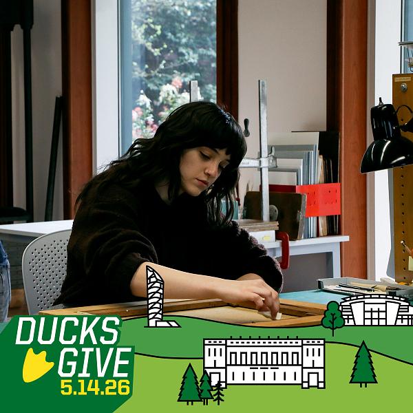 student cleaning a painting with a graphic overlay that says Ducks Give