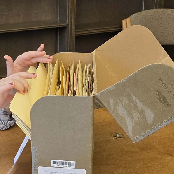 A person's hands going through files in an archival records box.