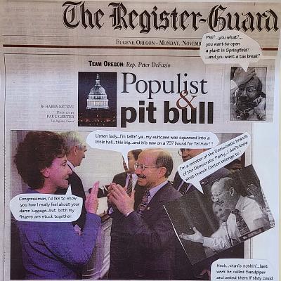 Front page of Register-Guard newspaper featuring story about Peter DeFazio; humorous dialogue bubbles have been pasted on.